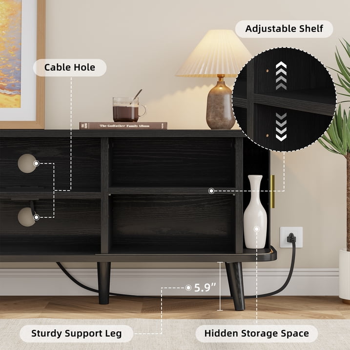 Aufeile TV Stand for 65 Inch TV, 59" Modern TV Stand with Power Outlet, Entertainment Center for Living Room, Fluted TV Console & Mueble Para TV with 2 Sliding Tambour Doors, Black