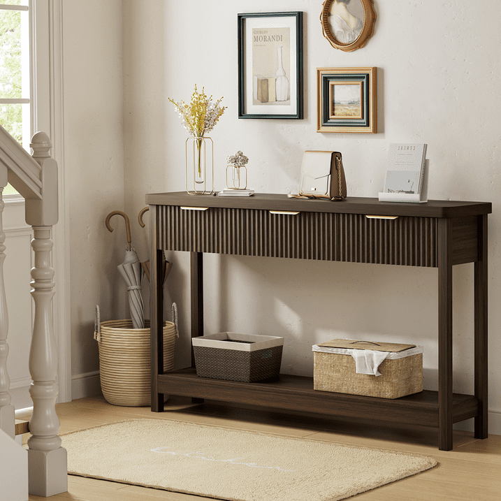 Aufeile 51" Entryway Table, Fluted Console Table with 3 Storage Drawers and Open Shelf, Narrow Sofa Couch Table for Living Room Hallway Entrance Foyer, Walnut