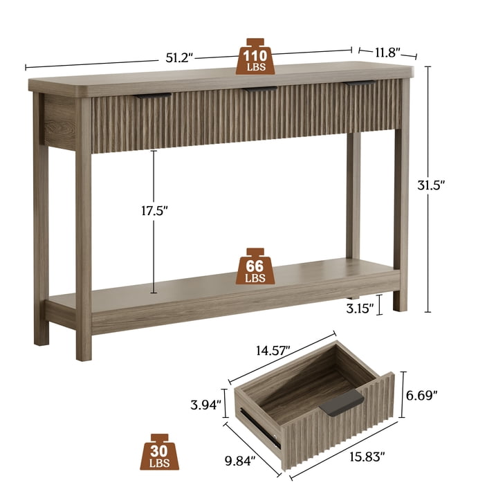 Aufeile 51" Console Table for Entryway, Fluted Entryway Table with 3 Storage Drawers and Open Shelf, Narrow Couch Sofa Table for Living Room Hallway Entrance Foyer, Gray Oak