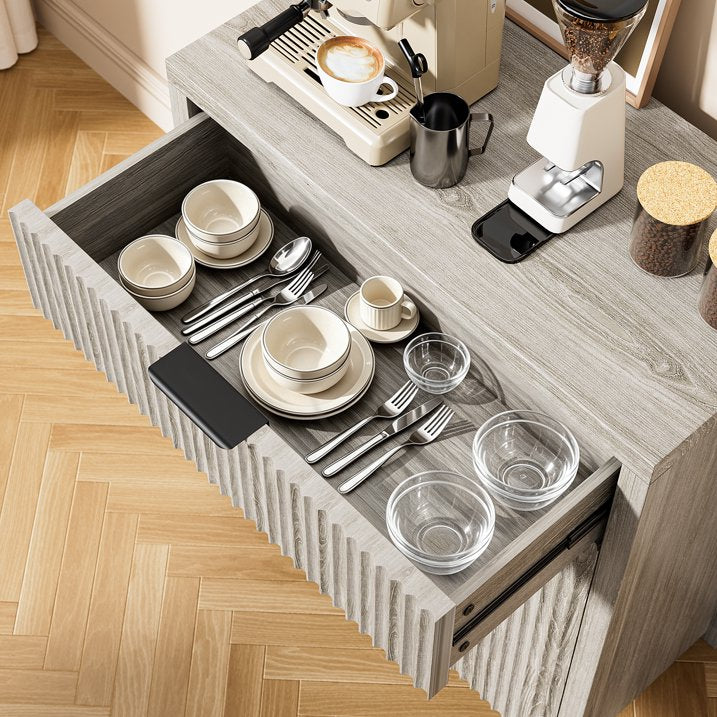 Aufeile 85" W Sideboard Buffet Cabinet with Storage Drawers, Set of 3 Fluted Accent Cabinet with Adjustable Shelves, Modular Storage Cabinet for Dining Room, Kitchen, Living Room, White Oak