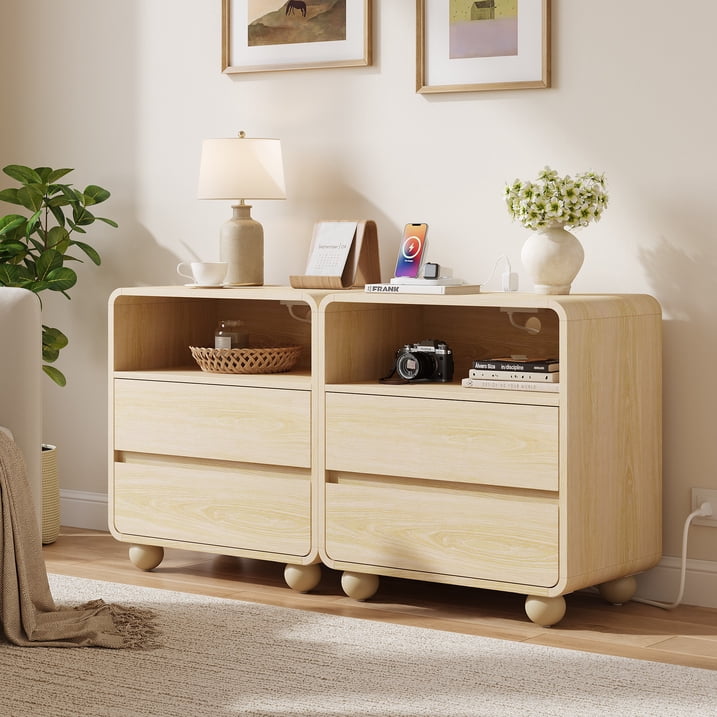 Aufeile Modern Curved Nightstand with Charging Station, 23.6" Wide Bedside Table with 2 Drawers & Open Shelf, Wooden Night Stand with USB & Type-C Ports for Bedroom or Living Room, Natural