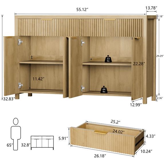 Aufeile Fluted Buffet Cabinet with 2 Drawers, 55L Large Sideboard Credenza with Adjustable Shelf for Dining Room Storage Cabinet, Kitchen Pantry Organizer, Coffee Bar Station, Natural Oak