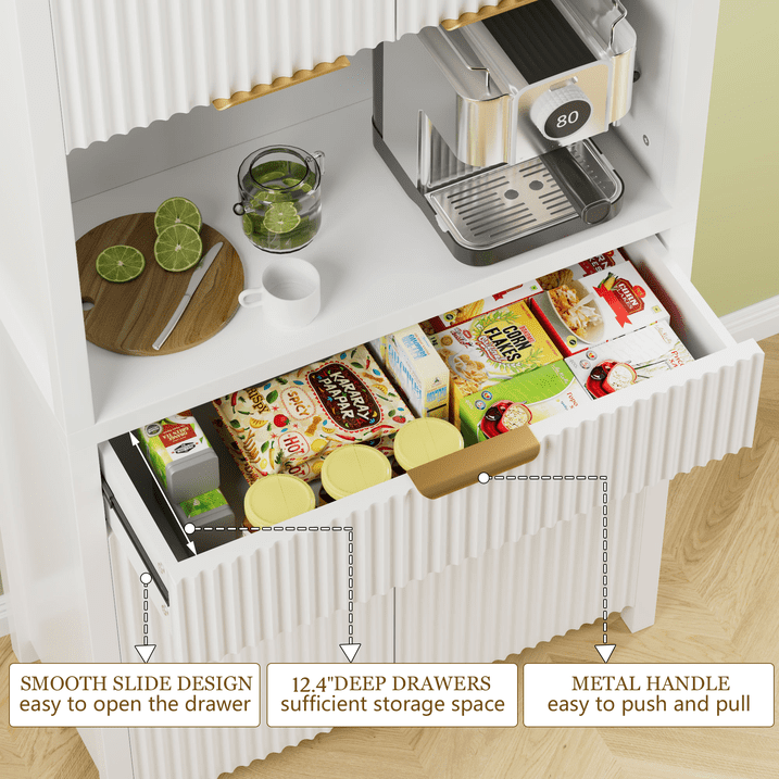 Aufeile 71" Tall Pantry Storage Cabinet with Drawer and Charging Station, Fluted Pantry Cabinet with Adjustable Shelves for Kitchen Dining Room Living Room, White