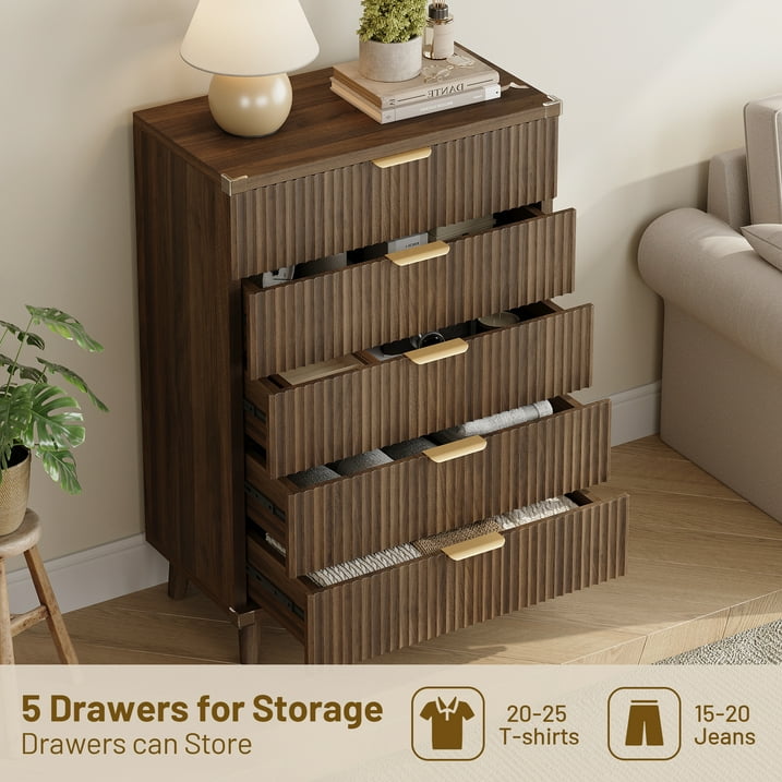Aufeile 4 Piece Boho Dresser Set for Bedroom, 6 Drawer Dresser, 5 Drawer Tall Dresser & 2 Nightstands with 3 Drawers & USB Charging, Fluted Wood Bedroom Furniture Set, Walnut