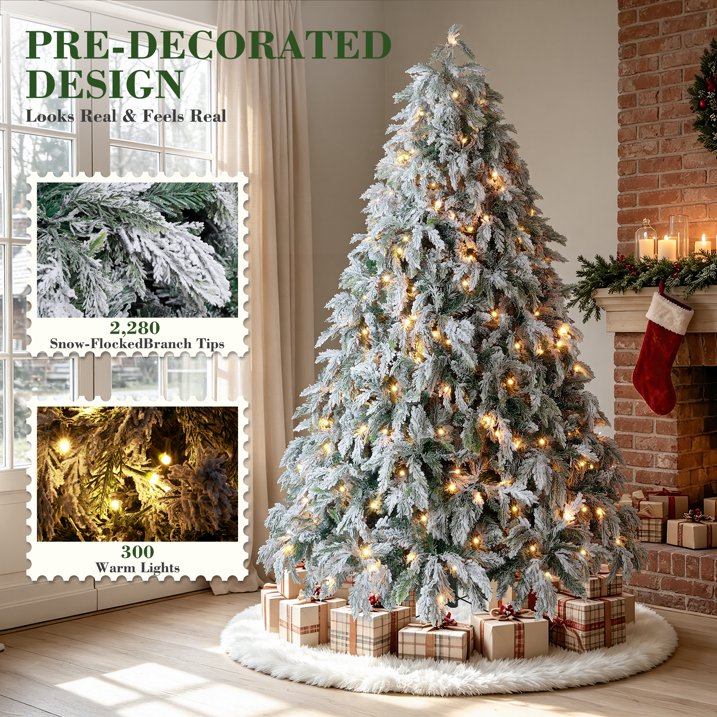 Aufeile 6FT Flocked Pre-Lit Christmas Tree, 300 LED Lights Artificial Xmas Tree with 2280 PE & PVC Tips, Home and Party Decor