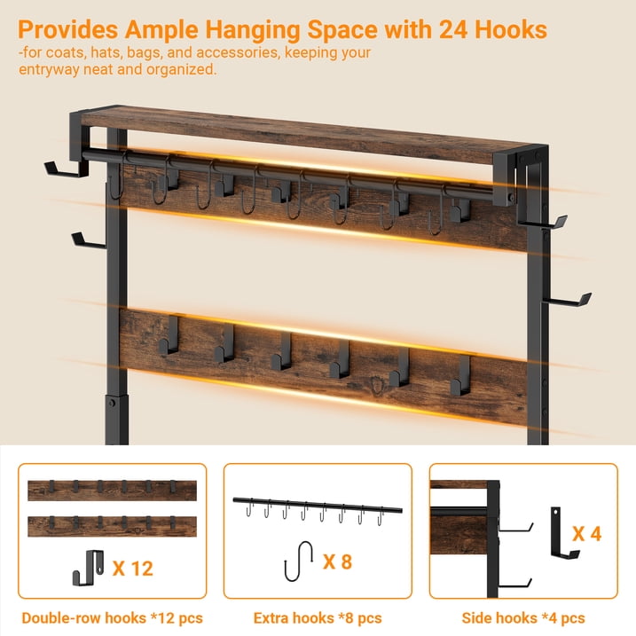 Aufeile 6-in-1 Hall Tree with Bench, Wide Entryway Bench with Shoe Storage, 24 Hooks, 2 Drawers, Hanging Rod & Shelf, Heavy Duty Coat Rack for Hallway, Living Room, Rustic Brown