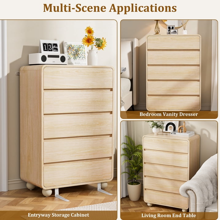 Aufeile 41" Tall Dresser for Bedroom, 5 Drawer Wood Dresser with Curved Profile, Modern Vertical Chest of Drawers, Slim Storage Dresser for Bedroom, Living Room & Entryway, Natural