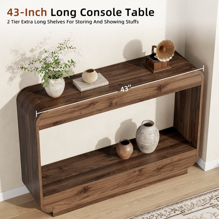 Aufeile 43" Entryway Table, Curved Console Table for Entryway, 2-Tier Wood Sofa Table with Open Storage Shelves Behind the Couch, Narrow Entry Table for Hallway Entrance Foyer, Walnut