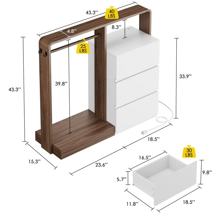 Aufeile Dresser for Bedroom, 3 Drawer Dresser with Hanging Rod, LED Lights & Charging Station, Modern Wood Storage Dresser Chest for Bedroom, Closet, Entryway, White