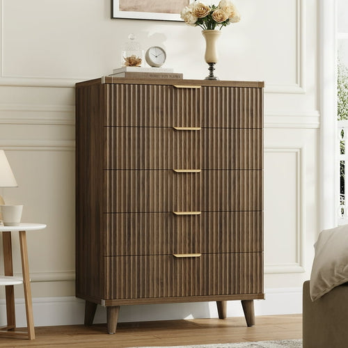 Aufeile 39.4" Tall Dresser for Bedroom, 5 Drawer Fluted Wood Dresser, Modern Chest of Drawers with Wave Panel, Slim Storage Cabinet for Small Spaces, Walnut