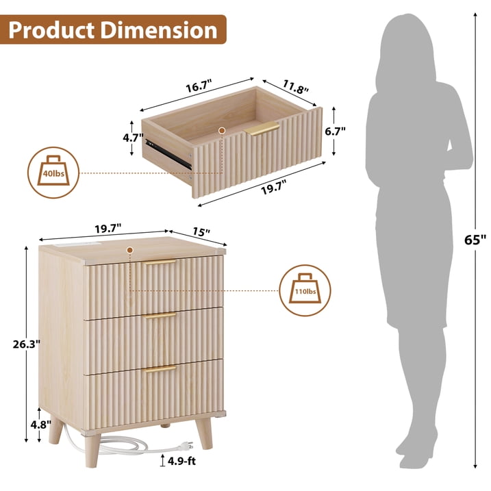 Aufeile 4 Piece Boho Dresser Set for Bedroom, 6 Drawer Dresser, 5 Drawer Tall Dresser & 2 Nightstands with 3 Drawers & USB Charging, Fluted Wood Bedroom Furniture Set, Natural