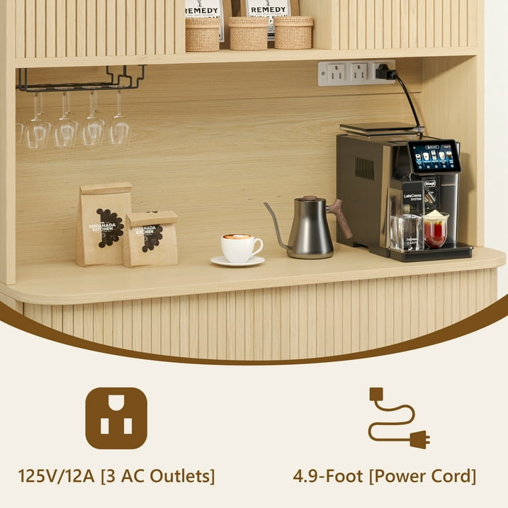 Aufeile Pantry Cabinet, 71" Tall Kitchen Pantry with Outlet, Pantry Storage Cabinet with Countertop and Sliding Doors, 39" Wide Hutch for Dining Room, Living Room, Natural Oak