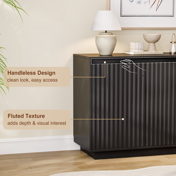 Aufeile 62" Long Sideboard Buffet Cabinet, Fluted Storage Cabinet with Adjustable Shelves for Kitchen Dining Living Room, Black