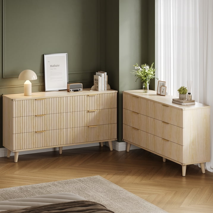 Aufeile 6 Drawer Dresser for Bedroom, 53" Wood Dressers for Bedroom, Modern Fluted Dresser & Bedroom Dresser for Adults, Long Dresser for Bedroom TV Stand, Natural Oak