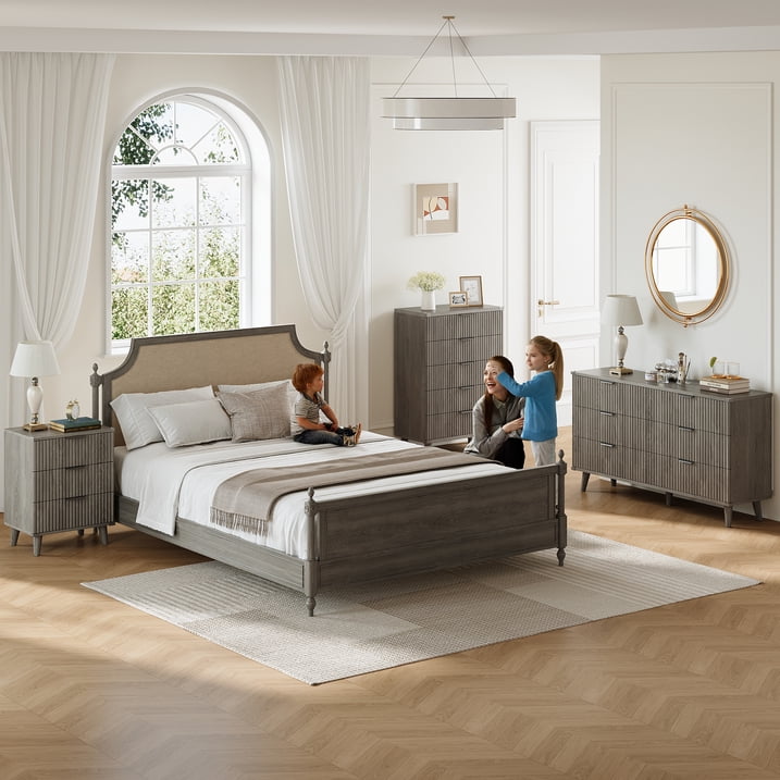 Aufeile 4 Piece Boho Dresser Set for Bedroom, 6 Drawer Dresser, 5 Drawer Tall Dresser & 2 Nightstands with 3 Drawers & USB Charging, Fluted Wood Bedroom Furniture Set, Dark Grey Oak