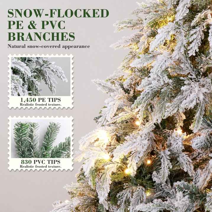 Aufeile 6FT Flocked Pre-Lit Christmas Tree, 300 LED Lights Artificial Xmas Tree with 2280 PE & PVC Tips, Home and Party Decor
