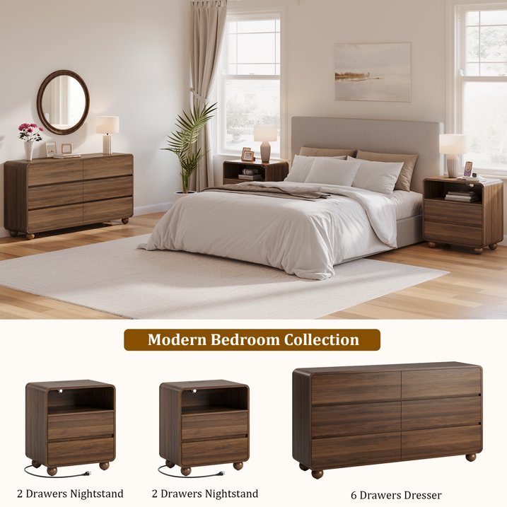 Aufeile Bedroom Dresser and Nightstand 3 Piece Set, 53" 6 Drawer Wood Dresser & Nightstand Set of 2 with Charging Station, Modern Curved Bedroom Furniture Set, Chest of Drawers, Walnut