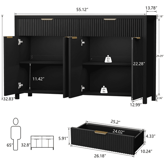 Aufeile Fluted Buffet Cabinet with 2 Drawers, 55L Large Sideboard Credenza with Adjustable Shelf for Dining Room Storage Cabinet, Kitchen Pantry Organizer, Coffee Bar Station, Black