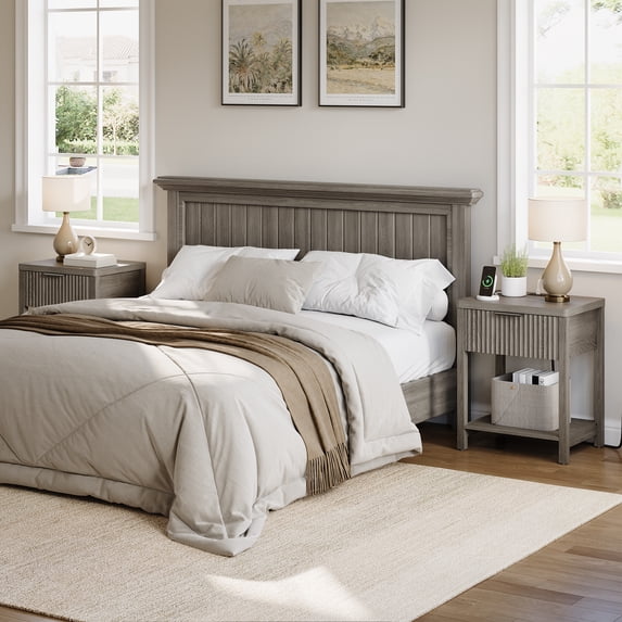 Aufeile Fluted Nightstand with Charging Station, Modern Bedside Table with Drawer & Open Shelf, End Table with 2 AC Outlets, USB & Type-C Ports for Bedroom or Living Room, Dark Grey Oak