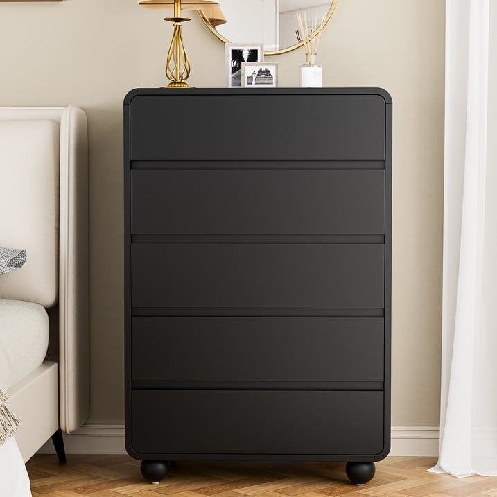 Aufeile 41" Tall Dresser for Bedroom, 5 Drawer Modern Wood Dresser with Curved Profile, Chest of Drawers for Bedroom, Vertical Storage Cabinet for Living Room, Entryway, Black