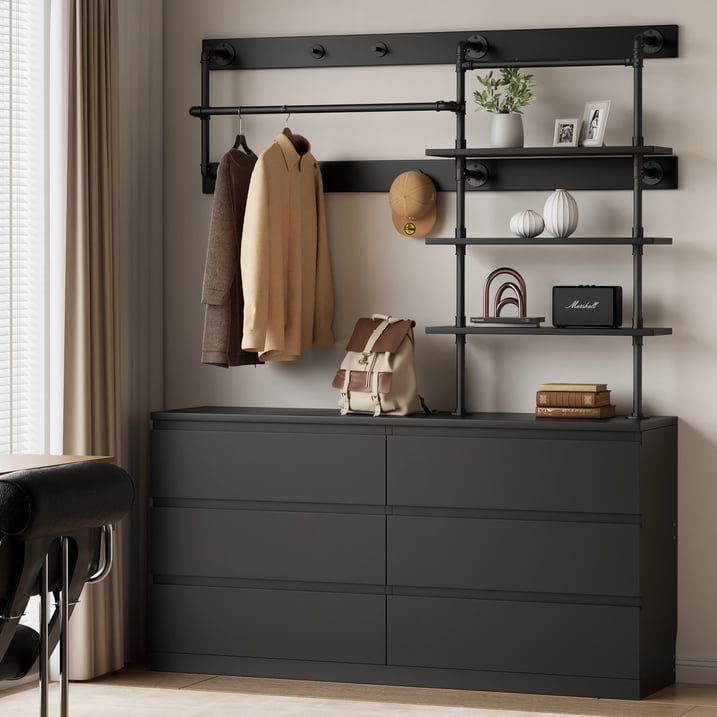 Aufeile 6 Drawer Dresser for Bedroom, 77" Tall Chest of Drawers with Hanging Rack, Industrial Wood Bedroom Dresser, Large Drawer Dresser Closet Organizer for Adults, Black