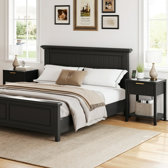 Aufeile Fluted Nightstand with Charging Station, Modern Bedside Table with Drawer & Open Shelf, End Table with 2 AC Outlets, USB & Type-C Ports for Bedroom or Living Room, Black