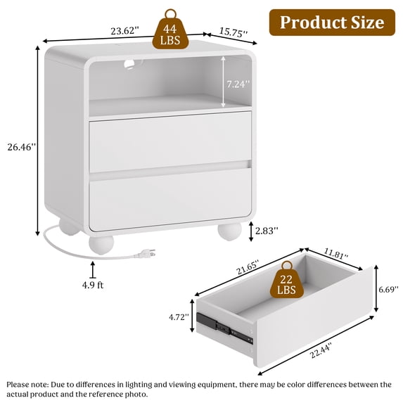 Aufeile Nightstands Set of 2 for Bedroom with Charging Station, 23.6" Wide Bedside Tables with 2 Drawers & Shelf, Modern Curved Wood Night Stand Set for Bedroom or Living Room, White