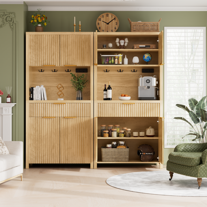 Aufeile 71" Tall Pantry with Drawer and Charging Station, Fluted Pantry Storage Cabinet with Adjustable Shelves for Kitchen Dining Room Living Room, Natural Oak