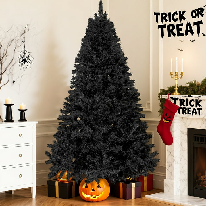 Aufelie Artificial Christmas Tree, Halloween Black Christmas Tree w/ 800 Hinged Branches, 6FT Christmas Tree Festive Holiday Xmas Tree for Halloween & Christmas