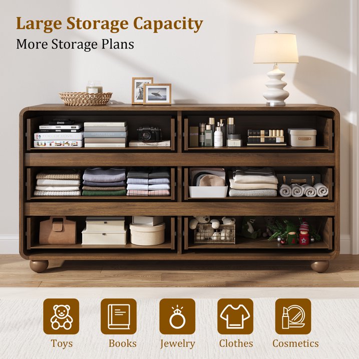 Aufeile Dresser for Bedroom, 6 Drawer Dresser & Chest of Drawers, 53" Modern Chest of Drawers with Curved Profile Design, Wood Dresser Storage Organizer for Adults, Walnut