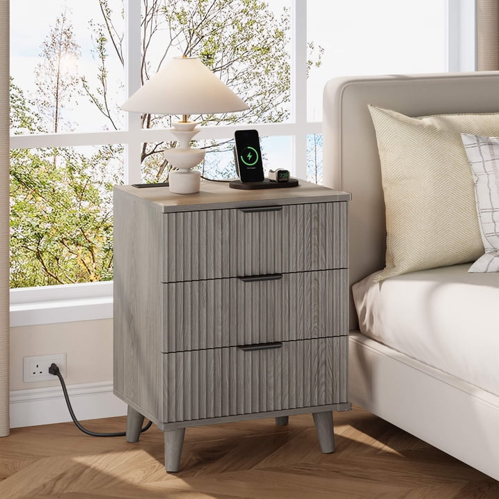 Aufeile 3 Piece Dresser and Nightstand Set for Bedroom, Boho 6 Drawer Dresser & Nightstands Set of 2 with 3 Drawers & USB Charging, Modern Bedroom Furniture Set, Dark Grey Oak