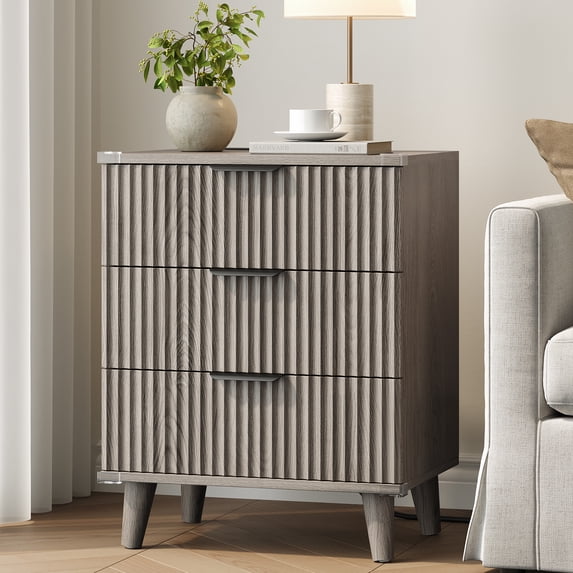 Aufeile Fluted Nightstand for Bedroom with Charging Station, Modern Bedside Table with 3 Drawers, Wood Sofa Side End Table for Bedroom, Living Room, Dark Grey Oak