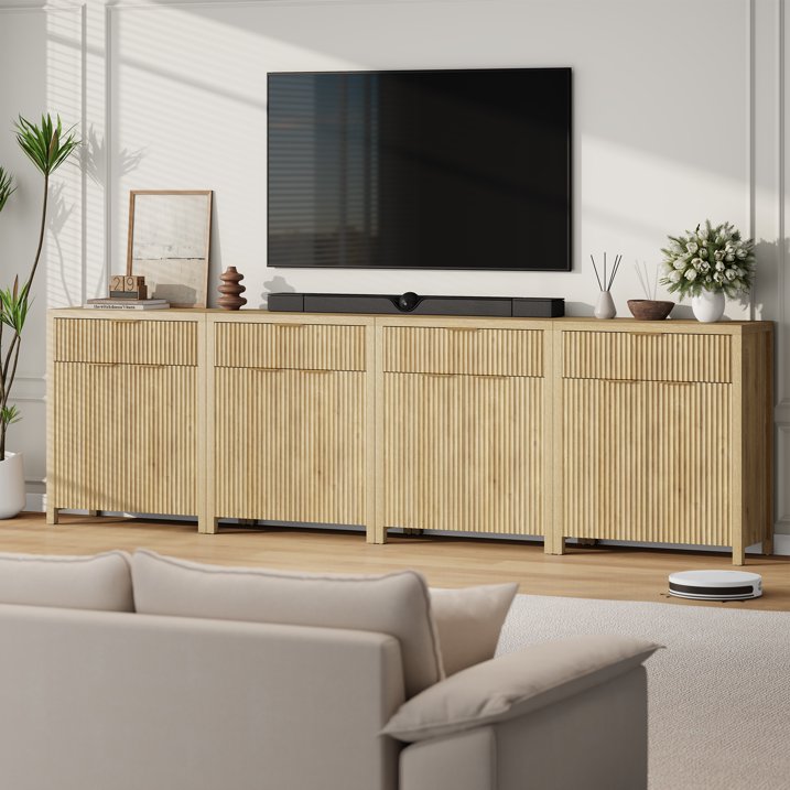Aufeile Fluted Sideboard and Buffet, Accent Storage Cabinet with Adjustable Shelf for Dining room, Kitchen, Living room, Natural Oak