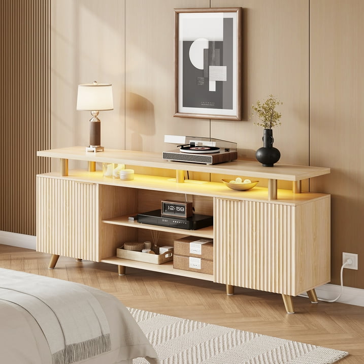 Aufeile Fluted TV Stand for TVs up to 65 Inch with Charging Station & LED Lights, 59" Modern Entertainment Center with Storage Cabinets, Wood TV Console for Living Room