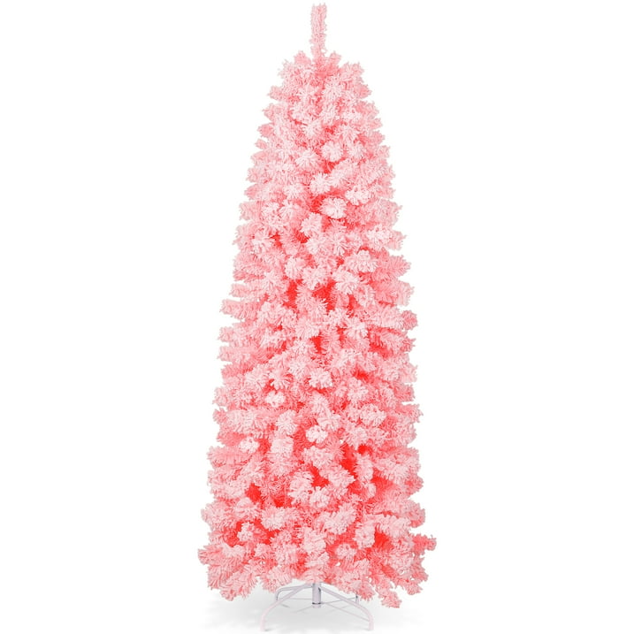 Aufelie 6FT Snow Flocked Pencil Christmas Tree, Artificial Pink Christmas Tree with 502 Hinged Branch Pre-lit Christmas Tree with 200 Warm White LED Lights, Xmas Tree with Metal Stand