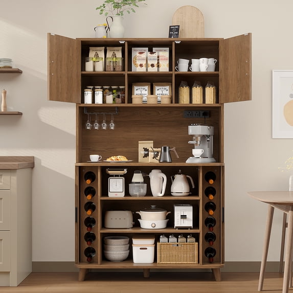 Aufeile Pantry, 71" Tall Kitchen Pantry Cabinet with Charging Station, Pantry Storage Cabinet with Countertop and Sliding Doors, 39" Wide Modern Kitchen Hutch for Dining Room, Living Room, Walnut