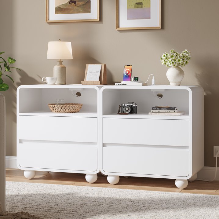 Aufeile End Table with Charging Station, 23.6" Wood Side Table with 2 Drawers & Open Shelf, Modern Accent Table for Living Room, Bedroom or Bedside, White