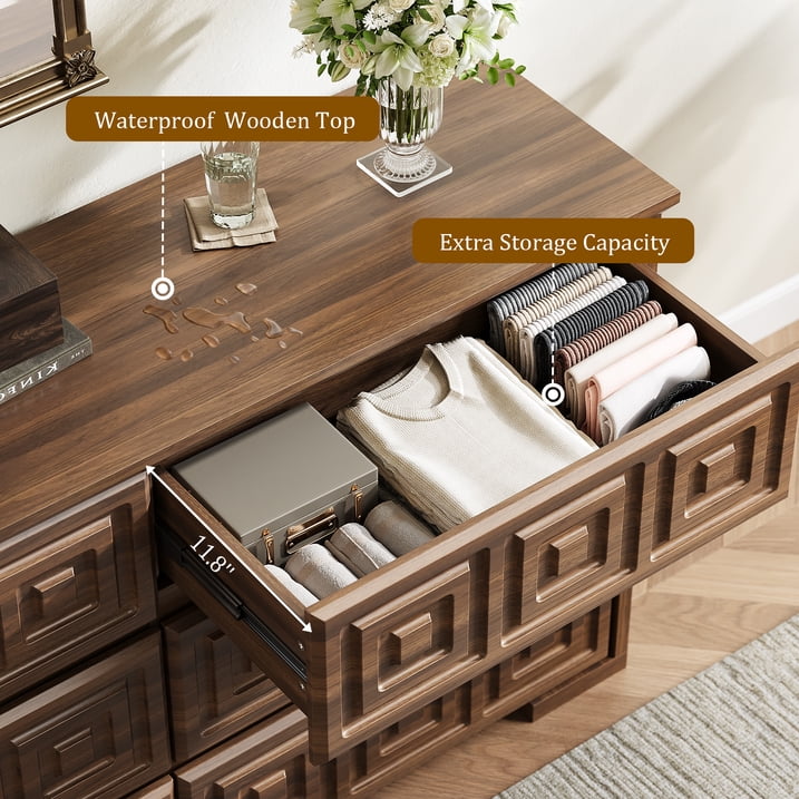 Aufeile Farmhouse Dresser for Bedroom, 54" Wide 6 Drawer Dresser with Carved Panels, Rustic Wooden Chest of Drawers, Long Bedroom Dresser Storage Cabinet for Living Room, Walnut
