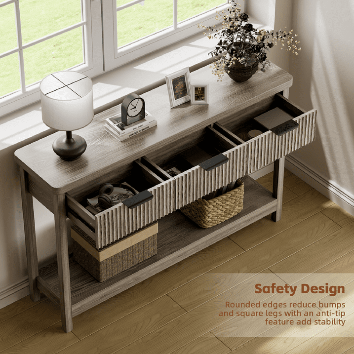 Aufeile 51" Console Table for Entryway, Fluted Entryway Table with 3 Storage Drawers and Open Shelf, Narrow Couch Sofa Table for Living Room Hallway Entrance Foyer, Gray Oak