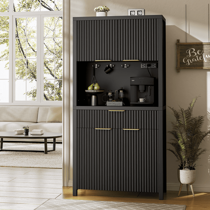 Aufeile Fluted Kitchen Pantry Storage Cabinet, 71" Tall Wood Pantry Hutch with 2 Adjustable Shelves & Drawer & Charging Station for Dining Room Hallway Living Room, Black