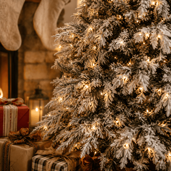 Aufeile 6FT Pre-Lit Snow Flocked Christmas Tree, PE Mixed Artificial Christmas Tree with 1,120 Tips, 300 Warm White Lights, Realistic Flocked Spruce Cedar Xmas Tree for Indoor Holiday Decor