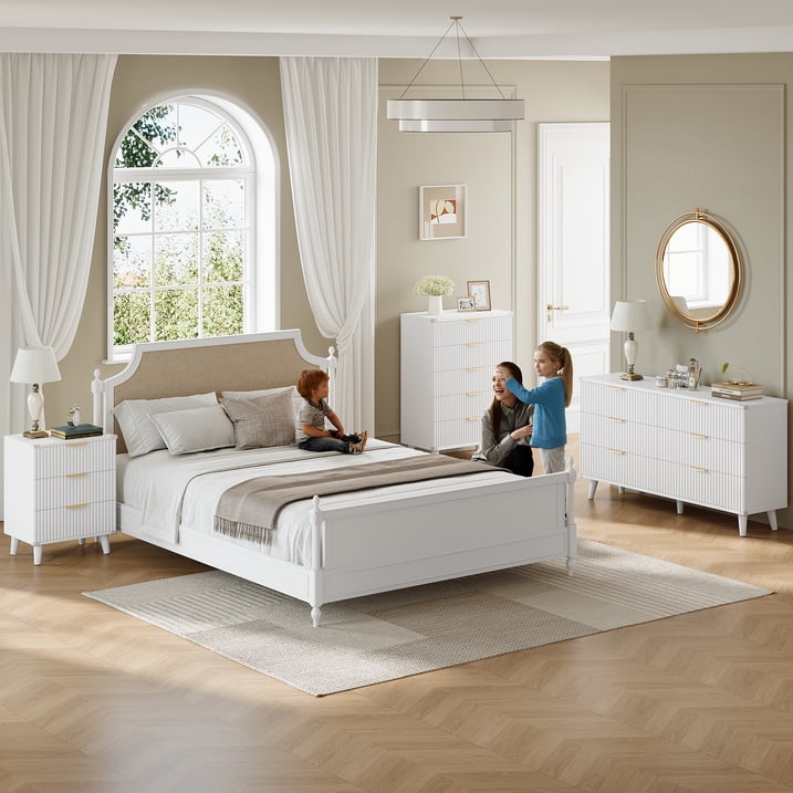 Aufeile 4 Piece Boho Dresser Set for Bedroom, 6 Drawer Dresser, 5 Drawer Tall Dresser & 2 Nightstands with 3 Drawers & USB Charging, Fluted Wood Bedroom Furniture Set, White
