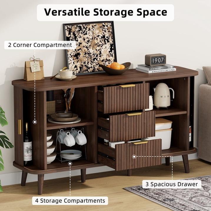 Aufeile Sideboard Buffet Cabinet, 55" Storage Cabinet with 3 Drawers and Adjustable Shelves, Modern Accent Cabinet for Kitchen, Dining Living Room, Entryway, Hallway, Walnut