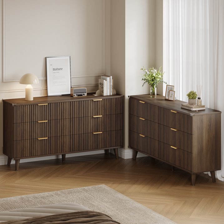 Aufeile Dresser for Bedroom, 53" 6 Drawer Dresser & Chest of Drawers with Fluted Design, Wood Dresser for Adults, Long Bedroom Dresser & Storage Organizer, Walnut