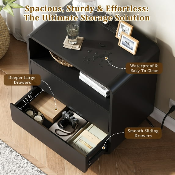 Aufeile Nightstands Set of 2 for Bedroom with Charging Station, 23.6" Wide Bedside Tables with 2 Drawers & Shelf, Modern Curved Wood Night Stand Set for Bedroom or Living Room, Black