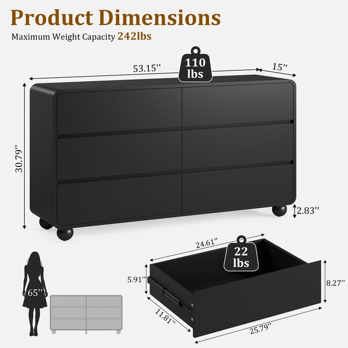 Aufeile Dresser for Bedroom, 6 Drawer Dresser & Chest of Drawers, 53" Modern Chest of Drawers with Curved Profile Design, Wood Dresser Storage Organizer for Adults, Black