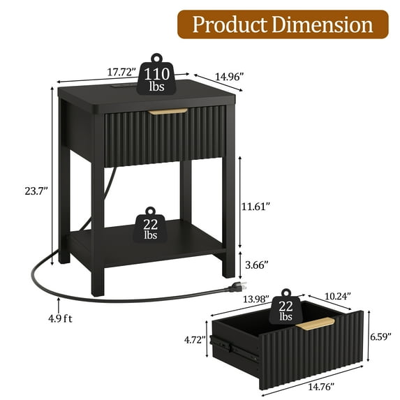 Aufeile Fluted Nightstand with Charging Station, Modern Bedside Table with Drawer & Open Shelf, End Table with 2 AC Outlets, USB & Type-C Ports for Bedroom or Living Room, Black