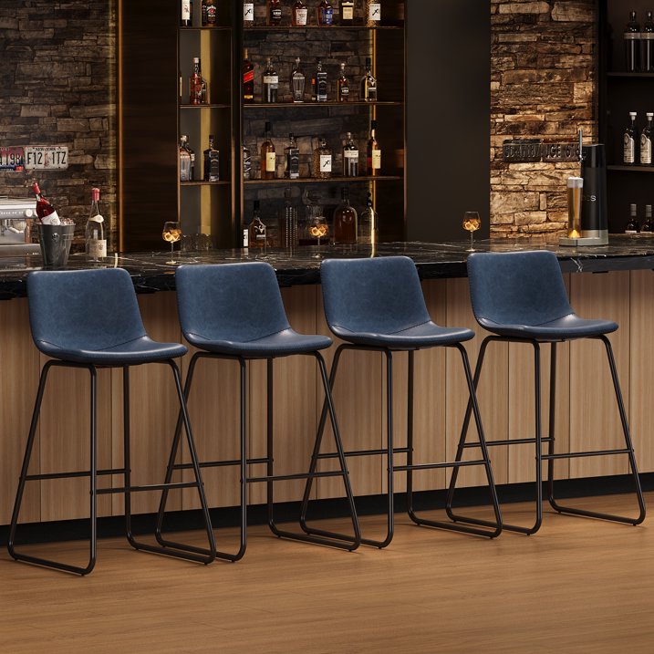 Aufeile 26" Counter Height Bar Stools Set of 2 – Modern Faux Leather Barstools with Back & Metal Legs, Kitchen Bar Chairs for Island, Dining Room, Blue