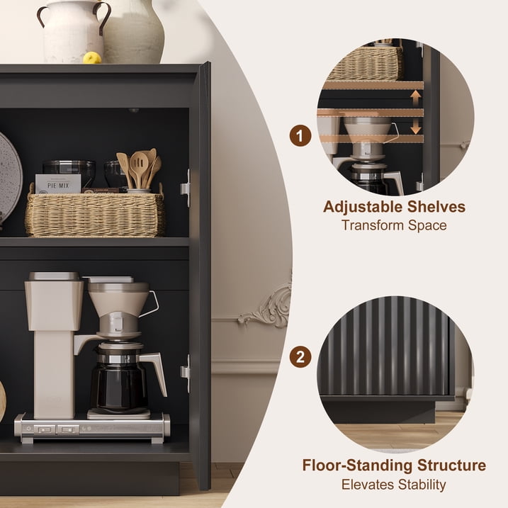Aufeile 62" Long Sideboard Buffet Cabinet, Fluted Storage Cabinet with Adjustable Shelves for Kitchen Dining Living Room, Black